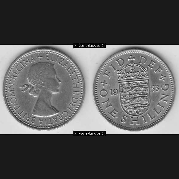 Grau bzw. s/w Münzen Großbritannien Umlaufmünze 1954-1970, 1 Schilling - One Shilling, 1953-2 Wappen mit drei Löwen. Vorderseite und Rückseite horizontal auf einen digitalen... Sammlung Graustufen