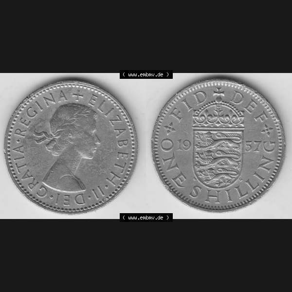 Grau bzw. s/w Münzen Großbritannien Umlaufmünze 1954-1970, 1 Schilling - Shilling, 1957-1 Wappen mit drei Löwen. Vorderseite und Rückseite horizontal auf einen digitalen... Sammlung Graustufen