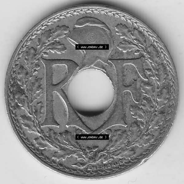 Grau bzw. s/w Münzen Frankreich Umlaufmünze Einzelansicht 1917-1938, 10 Centimes, RF - Frankreich 10 CMES EGALITÉ FRATERNITÉ LIBERTÉ 1919-1. Vorderseite der alten französischen... Sammlung Graustufen