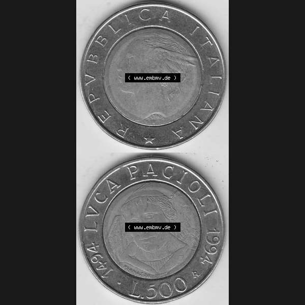 Grau bzw. s/w Bildmaterial von Münzen aus Italien / Italia Gedenkmünzen 1994-1994, 500 Lire, 500. Geburtstag von Luca Pacioli (1494-1994)-1. Vorderseite und Rückseite... Sammlung Graustufen