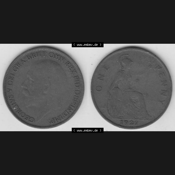 Grau bzw. s/w Münzen Großbritannien Umlaufmünze 1927-1927, 1 One Penny, 1927-2, George V, BM GEORGIVS V DEI GRABRITTOMNREX FIDDEFINDIMP. Vorderseite und Rückseite... Sammlung Graustufen