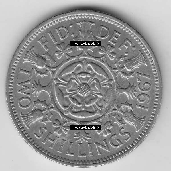Grau bzw. s/w Münzen Großbritannien Umlaufmünze 1954-1970, 2 Schilling - Shillings 1967-1. Rückseite der alten britischen Münze aus Großbritannien zum katalogisieren und... Sammlung Graustufen