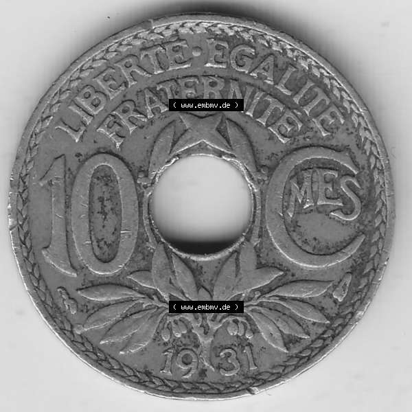 Grau bzw. s/w Münzen Frankreich Umlaufmünze Einzelansicht 1917-1938, 10 Centimes, RF - Frankreich 10 CMES EGALITÉ FRATERNITÉ LIBERTÉ 1931-1. Rückseite der alten... Sammlung Graustufen