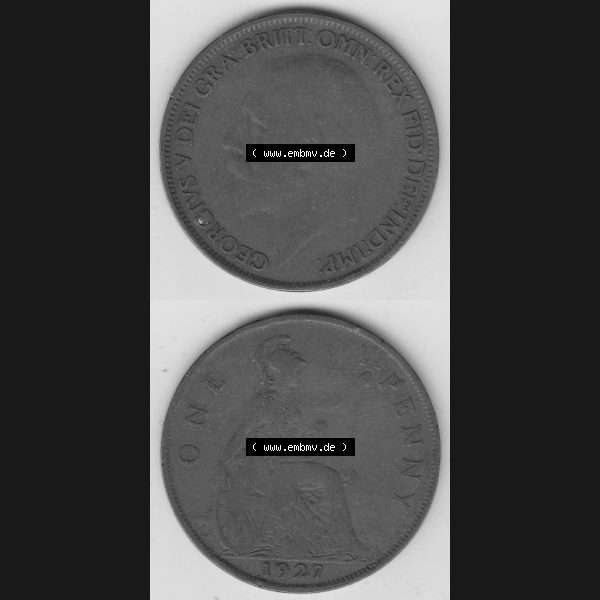 Grau bzw. s/w Münzen Großbritannien Umlaufmünze 1927-1927, 1 One Penny, 1927-2, George V, BM GEORGIVS V DEI GRABRITTOMNREX FIDDEFINDIMP. Vorderseite und Rückseite... Sammlung Graustufen