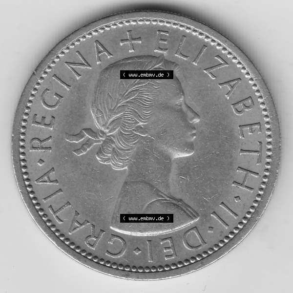 Grau bzw. s/w Münzen Großbritannien Umlaufmünze 1954-1970, 2 Schilling - Shillings 1966-1. Vorderseite der alten britischen Münze aus Großbritannien zum katalogisieren und verwalten... Sammlung Graustufen