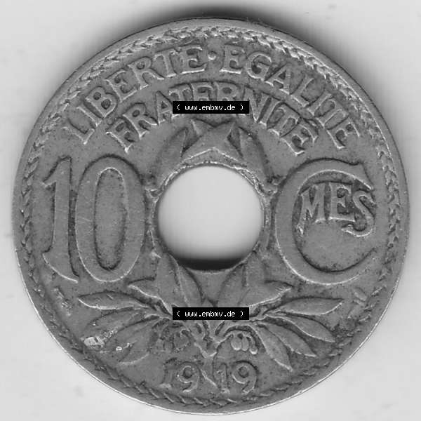Grau bzw. s/w Münzen Frankreich Umlaufmünze Einzelansicht 1917-1938, 10 Centimes, 10 CMES EGALITÉ FRATERNITÉ LIBERTÉ 1919-2. Rückseite der alten französischen... Sammlung Graustufen