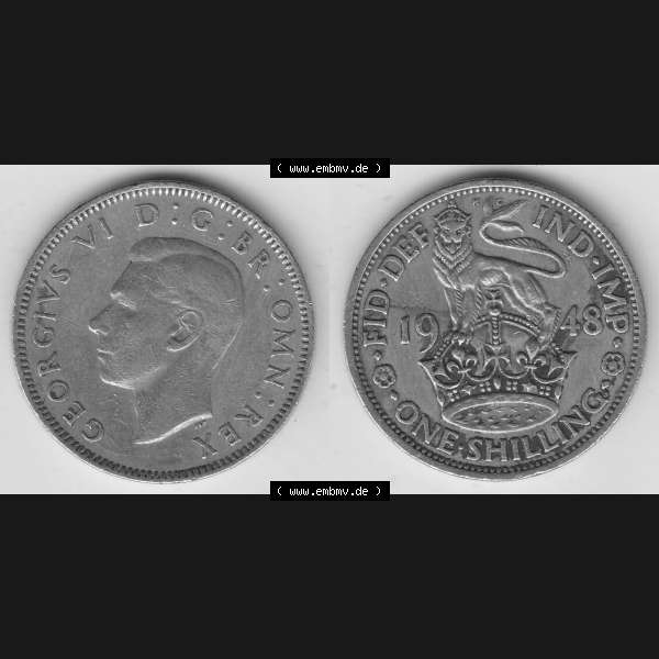 Grau bzw. s/w Münzen Großbritannien Umlaufmünze 1949-1951, 1 One Schilling - Shilling, 1948-1 Stehender Löwe auf Krone. Vorderseite und Rückseite horizontal auf einen digitalen... Sammlung Graustufen
