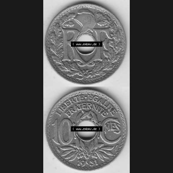 Grau bzw. s/w Münzen Frankreich Umlaufmünze Vollansicht 1917-1938, 10 Centimes, 10 CMES EGALITÉ FRATERNITÉ LIBERTÉ 1931-2. Vorderseite und Rückseite vertikal auf... Sammlung Graustufen