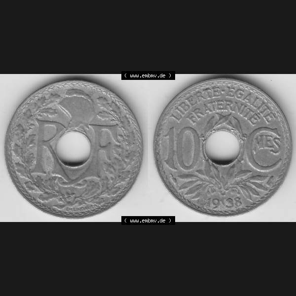 Grau bzw. s/w Münzen Frankreich Umlaufmünze 1917-1938, 10 Centimes - Cmes 1938-2. Vorderseite und Rückseite horizontal auf einen digitalen Bild der alten französischen Umlaufmünze... Sammlung Graustufen