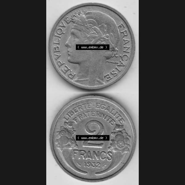 Grau bzw. s/w Alte Münzen KMS Frankreich, aus Kursmünzensatz-Zusammenstellung der Jahre 1917-1952, mit der Münze 1931-1941, 2 Franken, Francs, 1932-1. Vorderseite... Sammlung Graustufen