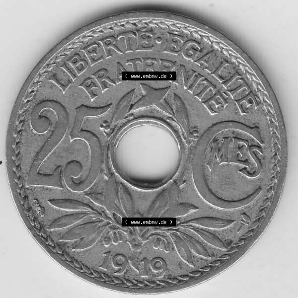 Grau bzw. s/w Münzen Frankreich Umlaufmünze 1917-1937, 25 Cmes, Centimes 1919-1 LIBERTE EGALITE FRATERNITE (2) Sammlung Graustufen