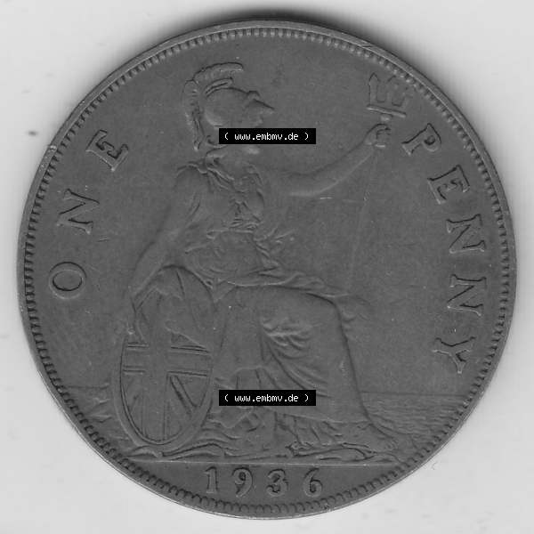 Grau bzw. s/w Münzen Großbritannien Umlaufmünze 1928-1936, 1 One Penny, 1936-1, George V. BM GEORGIVS V DEI GRABRITTOMNREX FIDDEFINDIMP. Rückseite der alten britischen... Sammlung Graustufen