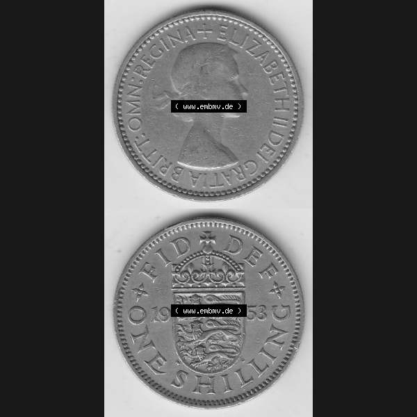 Grau bzw. s/w Münzen Großbritannien Umlaufmünze 1954-1970, 1 Schilling - Shilling, 1953-1 Wappen mit drei Löwen. Vorderseite und Rückseite vertikal untereinander auf einen... Sammlung Graustufen