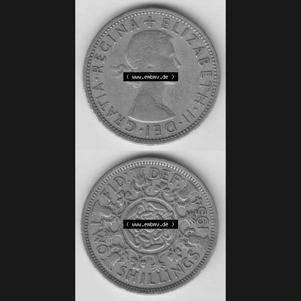 Grau bzw. s/w Münzen Großbritannien Umlaufmünze 1954-1970, 2 Schilling - Shillings 1954-1. Vorderseite und Rückseite vertikal untereinander auf einen digitalen Bild der alten britischen... Sammlung Graustufen