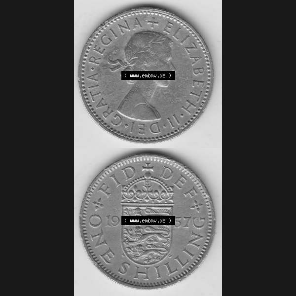 Grau bzw. s/w Münzen Großbritannien Umlaufmünze 1954-1970, 1 Schilling - Shilling, 1957-1 Wappen mit drei Löwen. Vorderseite und Rückseite vertikal untereinander auf einen... Sammlung Graustufen