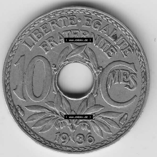 Grau bzw. s/w Münzen Frankreich Umlaufmünze 1917-1938, 10 Centimes - Cmes 1936. Rückseite der alten französischen Umlaufmünze 10 Cmes - Centimes - Cent aus Frankreich in der Francs-Währung... Sammlung Graustufen