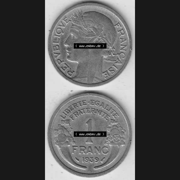 Grau bzw. s/w Alte Münzen KMS Frankreich, aus Kursmünzensatz-Zusammenstellung der Jahre 1917-1952, mit der Münze 1931-1941, 1 Franken, Franc, 1939-1. Vorderseite und... Sammlung Graustufen