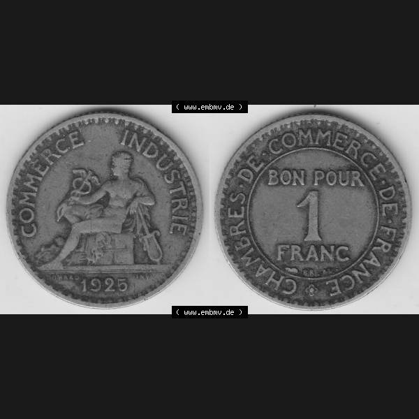 Grau bzw. s/w Münzen Frankreich Umlaufmünze 1920-1927, 1 Franken BON POUR 1 FRANC 1925. Vorderseite und Rückseite horizontal auf einen digitalen Bild der alten französischen Umlaufmünze... Sammlung Graustufen