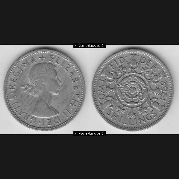 Grau bzw. s/w Münzen Großbritannien Umlaufmünze 1954-1970, 2 Schilling - Shillings 1962-1. Vorderseite und Rückseite horizontal auf einen digitalen Bild der alten britischen Münze... Sammlung Graustufen