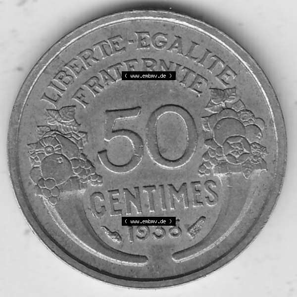 Grau bzw. s/w Alte Münzen KMS Frankreich, aus Kursmünzensatz-Zusammenstellung der Jahre 1917-1952, mit der Münze 1931-1947, 50 Centimes, 1938-1. Rückseite der alten... Sammlung Graustufen