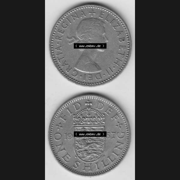 Grau bzw. s/w Münzen Großbritannien Umlaufmünze 1954-1970, 1 Schilling - Shilling, 1957-2 Wappen mit 3 Löwen. Vorderseite und Rückseite vertikal untereinander auf einen digitalen... Sammlung Graustufen
