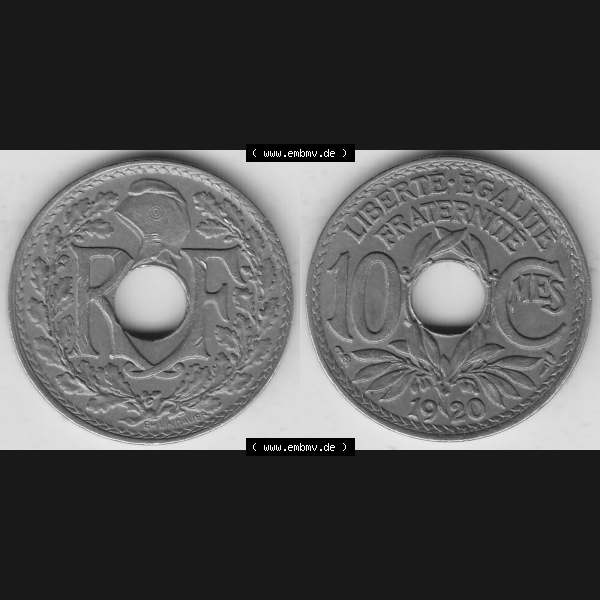 Grau bzw. s/w Münzen Frankreich Umlaufmünze Vollansicht 1917-1938, 10 Centimes, 10 CMES EGALITÉ FRATERNITÉ LIBERTÉ 1920-1. Vorderseite und Rückseite horizontal... Sammlung Graustufen