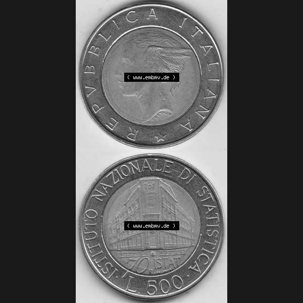 Grau bzw. s/w Bildmaterial von Münzen aus Italien / Italia Gedenkmünzen 1996-1996, 500 Lire, 70 Jahre Nationales Institut für Statistik (1926-1996), 70 ISTAT ISTITUTO NAZIONALE... Sammlung Graustufen
