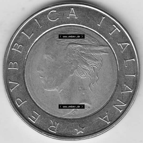 Grau bzw. s/w Bildmaterial von Münzen aus Italien / Italia Gedenkmünzen 1996-1996, 500 Lire, 70 Jahre Nationales Institut für Statistik (1926-1996), 70 ISTAT ISTITUTO NAZIONALE... Sammlung Graustufen