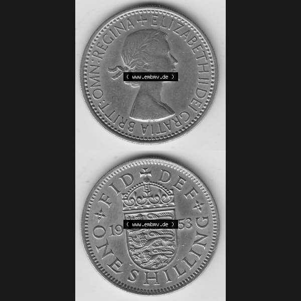 Grau bzw. s/w Münzen Großbritannien Umlaufmünze 1954-1970, 1 Schilling - One Shilling, 1953-2 Wappen mit drei Löwen. Vorderseite und Rückseite vertikal untereinander auf... Sammlung Graustufen