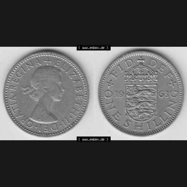 Grau bzw. s/w Münzen Großbritannien Umlaufmünze 1954-1970, 1 Schilling - Shilling, 1963-1 Wappen mit drei Löwen. Vorderseite und Rückseite horizontal auf einen digitalen... Sammlung Graustufen
