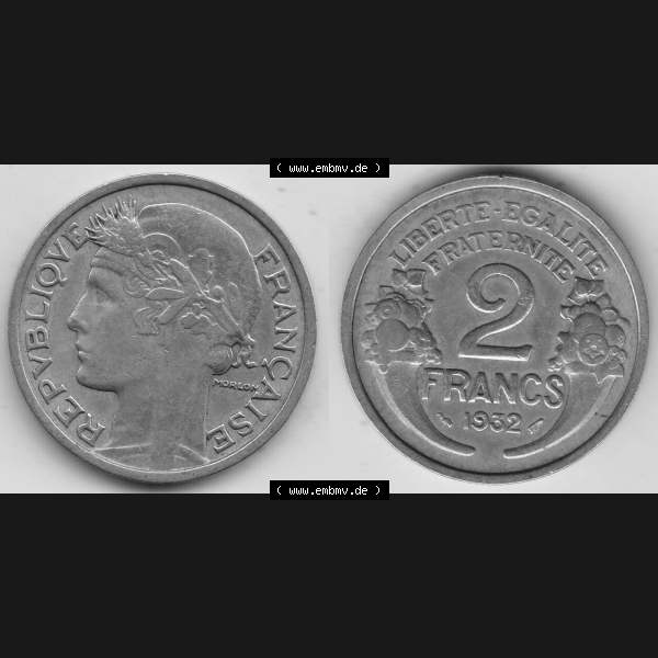 Grau bzw. s/w Alte Münzen KMS Frankreich, aus Kursmünzensatz-Zusammenstellung der Jahre 1917-1952, mit der Münze 1931-1941, 2 Franken, Francs, 1932-1. Vorderseite... Sammlung Graustufen