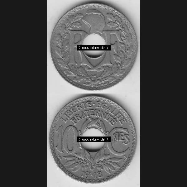 Grau bzw. s/w Münzen Frankreich Umlaufmünze Vollansicht 1917-1938, 10 Centimes, 10 CMES EGALITÉ FRATERNITÉ LIBERTÉ 1918-1. Vertikales beidseitiges Bildmaterial der Vorderseite... Sammlung Graustufen