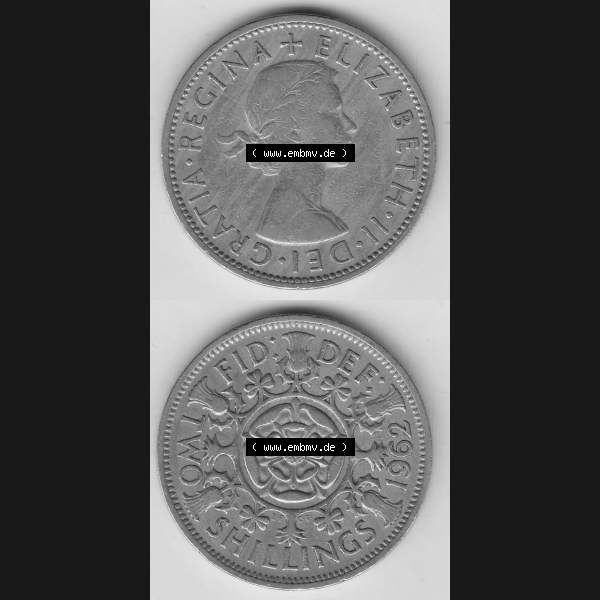 Grau bzw. s/w Münzen Großbritannien Umlaufmünze 1954-1970, 2 Schilling - Shillings 1962-1. Vorderseite und Rückseite vertikal untereinander auf einen digitalen Bild der alten britischen... Sammlung Graustufen