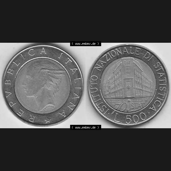 Grau bzw. s/w Bildmaterial von Münzen aus Italien / Italia Gedenkmünzen 1996-1996, 500 Lire, 70 Jahre Nationales Institut für Statistik (1926-1996), 70 ISTAT ISTITUTO NAZIONALE... Sammlung Graustufen