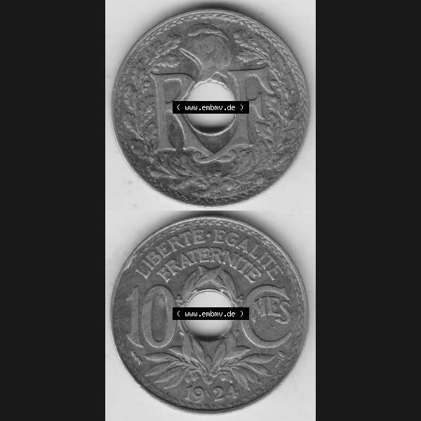 Grau bzw. s/w Münzen Frankreich Umlaufmünze Vollansicht 1917-1938, 10 Centimes, 10 CMES EGALITÉ FRATERNITÉ LIBERTÉ 1924-1. Vorderseite und Rückseite vertikal auf... Sammlung Graustufen