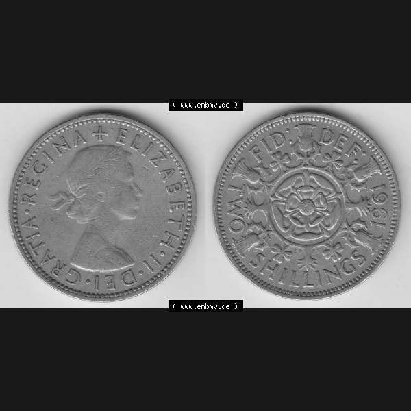 Grau bzw. s/w Münzen Großbritannien Umlaufmünze 1954-1970, 2 Schilling - Shillings 1961-1. Vorderseite und Rückseite horizontal auf einen digitalen Bild der alten britischen Münze... Sammlung Graustufen