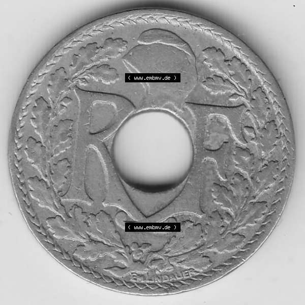Grau bzw. s/w Münzen Frankreich Umlaufmünze 1917-1938, 10 Centimes - Cmes 1923. Vorderseite der alten französischen Umlaufmünze 10 Cmes - Centimes - Cent aus Frankreich in der Francs-Währung... Sammlung Graustufen