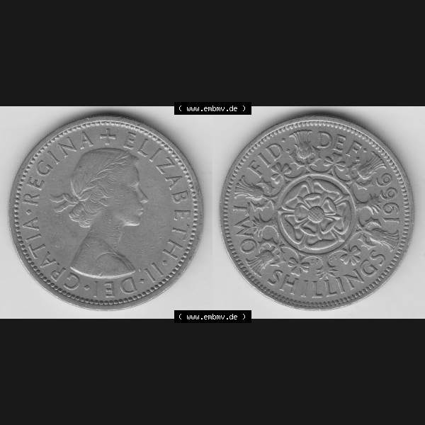 Grau bzw. s/w Münzen Großbritannien Umlaufmünze 1954-1970, 2 Schilling - Shillings 1966-7. Vorderseite und Rückseite horizontal auf einen digitalen Bild der alten britischen Münze... Sammlung Graustufen
