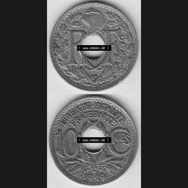 Grau bzw. s/w Münzen Frankreich Umlaufmünze Vollansicht 1917-1938, 10 Centimes, RF - Frankreich 10 CMES EGALITÉ FRATERNITÉ LIBERTÉ 1919-1. Vorderseite und Rückseite... Sammlung Graustufen