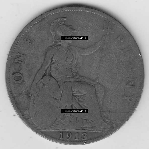 Grau bzw. s/w Münzen Großbritannien Umlaufmünze 1911-1926, 1 One Penny, 1913-1, George V, B.M. GEORGIVS V DEI GRABRITTOMNREX FIDDEFINDIMP. Rückseite... Sammlung Graustufen