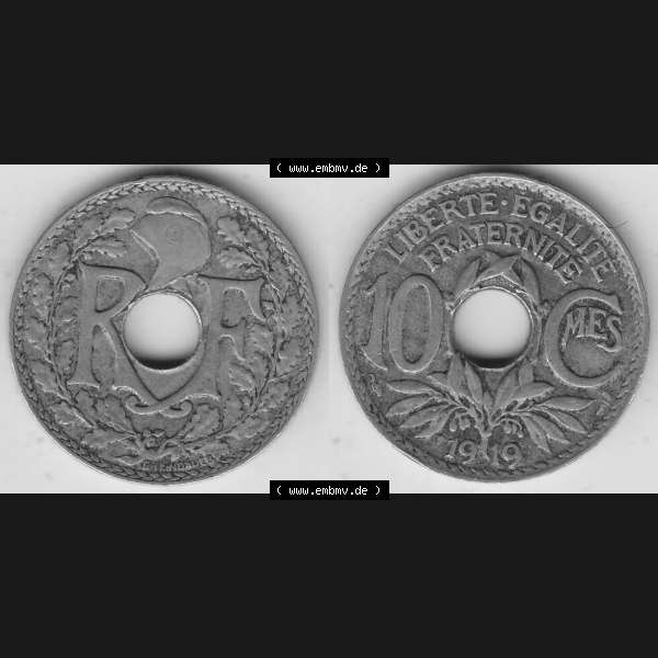 Grau bzw. s/w Münzen Frankreich Umlaufmünze Vollansicht 1917-1938, 10 Centimes, 10 CMES EGALITÉ FRATERNITÉ LIBERTÉ 1919-1. Vorderseite und Rückseite horizontal... Sammlung Graustufen