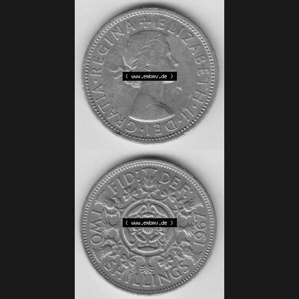 Grau bzw. s/w Münzen Großbritannien Umlaufmünze 1954-1970, 2 Schilling - Shillings 1967-1. Vorderseite und Rückseite vertikal untereinander auf einen digitalen Bild der alten britischen... Sammlung Graustufen