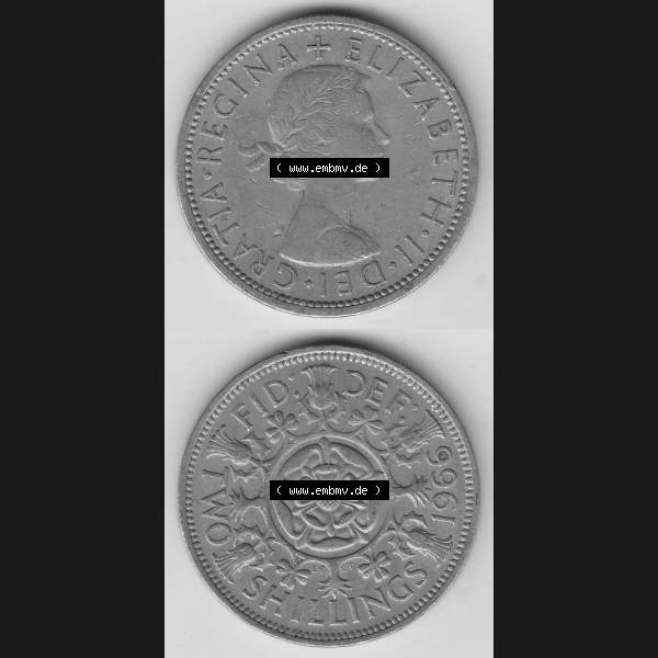 Grau bzw. s/w Münzen Großbritannien Umlaufmünze 1954-1970, 2 Schilling - Shillings 1966-2. Vorderseite und Rückseite vertikal untereinander auf einen digitalen Bild der alten britischen... Sammlung Graustufen