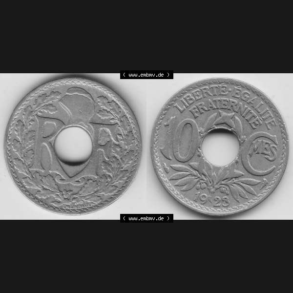 Grau bzw. s/w Münzen Frankreich Umlaufmünze 1917-1938, 10 Centimes - Cmes 1923. Vorderseite und Rückseite horizontal auf einen digitalen Bild der alten französischen Umlaufmünze... Sammlung Graustufen