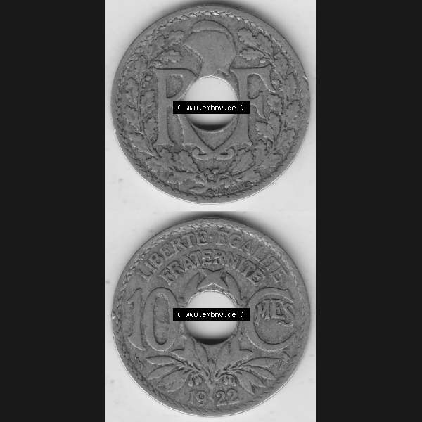 Grau bzw. s/w Münzen Frankreich Umlaufmünze Vollansicht 1917-1938, 10 Centimes, 10 CMES EGALITÉ FRATERNITÉ LIBERTÉ 1922-1. Vertikales beidseitiges Bildmaterial der Vorderseite... Sammlung Graustufen