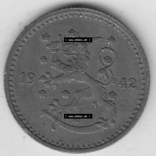 Grau bzw. s/w Alte Münzen KMS Finnland, Kursmünzensatz 1940-1951, 1 finnische Mark, Markka, Kupfer 1942-1. Vorderseite einer Münze aus KMS / Kursmünzen bzw.... Sammlung Graustufen