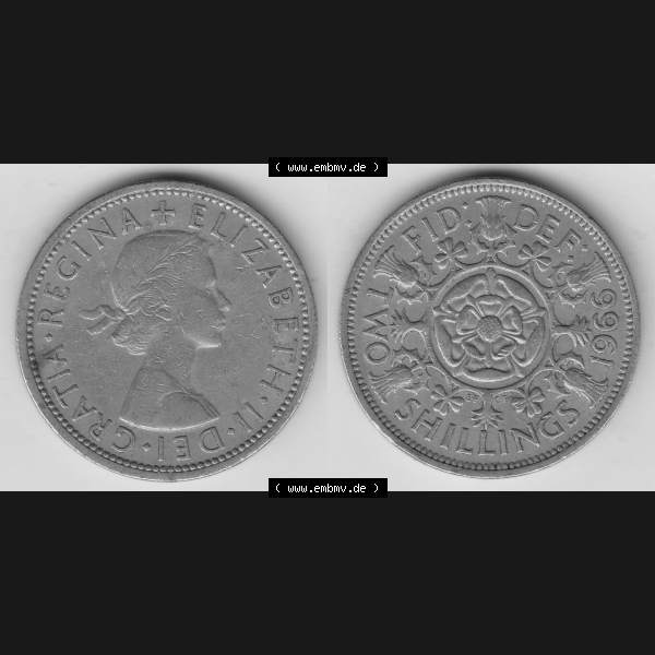 Grau bzw. s/w Münzen Großbritannien Umlaufmünze 1954-1970, 2 Schilling - Shillings 1966-5. Vorderseite und Rückseite horizontal auf einen digitalen Bild der alten britischen Münze... Sammlung Graustufen