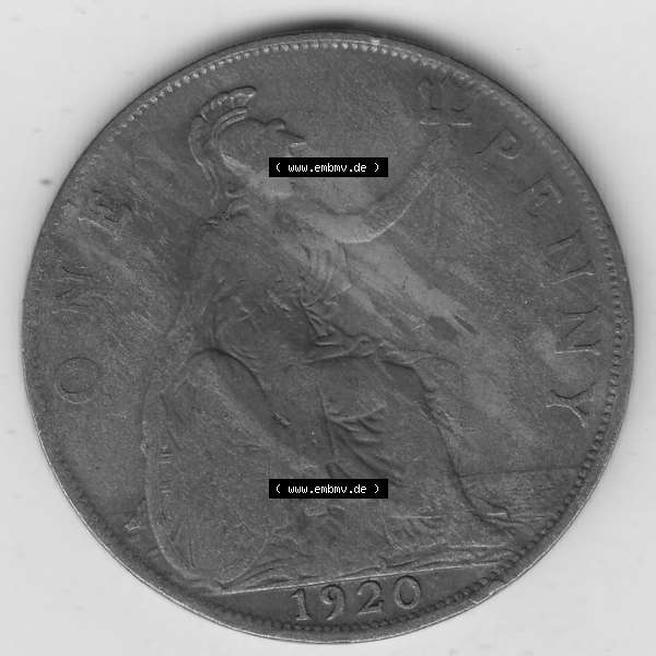 Grau bzw. s/w Münzen Großbritannien Umlaufmünze 1911-1926, 1 One Penny, 1920-1, George V, B.M. GEORGIVS V DEI GRABRITTOMNREX FIDDEFINDIMP. Rückseite... Sammlung Graustufen