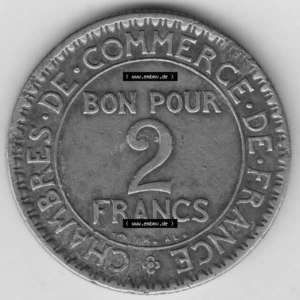 Grau bzw. s/w Münzen Frankreich Umlaufmünze 1920-1927, 2 Franken 1925-1, BON POUR 2 FRANCS CHAMBRES DE COMMERCE DE FRANCE. Rückseite der alten französischen Umlaufmünze aus... Sammlung Graustufen