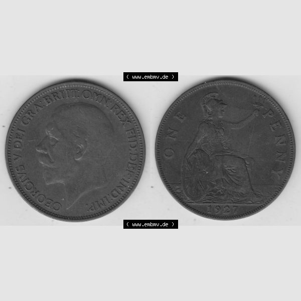 Grau bzw. s/w Münzen Großbritannien Umlaufmünze 1927-1927, 1 One Penny, 1927-1, George V, BM GEORGIVS V DEI GRABRITTOMNREX FIDDEFINDIMP. Vorderseite und Rückseite... Sammlung Graustufen